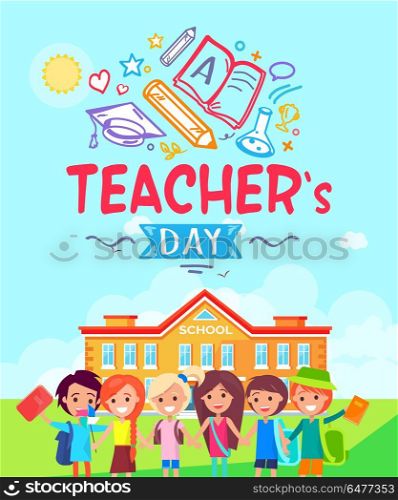 Teachers Day Promotional Vector Illustration. Teachers day demonstrating colorful picture of title with images of book, flask and pen, star and heart and children with school vector illustration