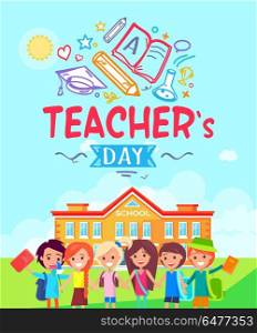 Teachers Day Promotional Vector Illustration. Teachers day demonstrating colorful picture of title with images of book, flask and pen, star and heart and children with school vector illustration