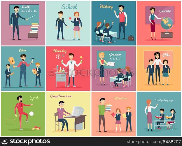 Teachers Day. Set the Teaching Profession. Teachers day. Set the teaching profession math and history, geography and labor, chemistry and grammar, etika and literature. Collection banner with people occupation flat design. Vector illustration