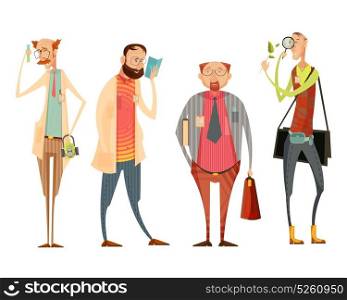 Teachers Retro Cartoon Style Collection. Characters collection with school director and teachers of biology, chemistry, literature retro cartoon style isolated vector illustration