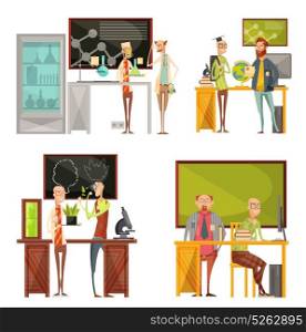 Teachers Retro Compositions. Retro compositions with talking teachers of chemistry, biology, geography near desk and blackboard isolated vector illustration