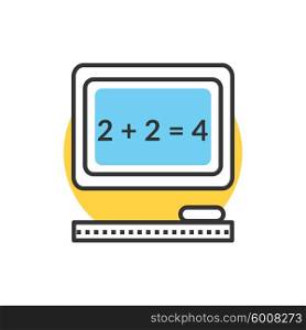 Teaching Elementary Mathematics. Teaching elementary mathematics with an interactive board. Text on blackboard icon. Interactive board. Mathematic task on chalkboard. Back to school concept. Simple mathematical equation