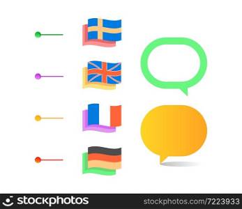 Teaching foreign languages infographic chart design element set. Abstract vector symbols for infochart with blank copy spaces. Kit with shapes for instructional graphics. Visual data presentation. Teaching foreign languages infographic chart design element set