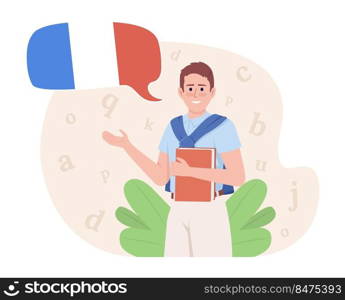 Teaching French 2D vector isolated illustration. Native french speaker tutor flat character on cartoon background. Training course colourful editable scene for mobile, website, presentation. Teaching French 2D vector isolated illustration