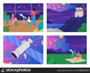 Teaching interesting science facts flat color vector illustration set. Exploring new planets with telescope 2D cartoon characters with big night sky with lots of stars on background. Teaching interesting science facts flat color vector illustration set