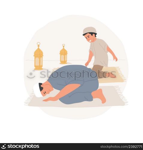 Teaching kids to pray isolated cartoon vector illustration Teacher learning son to pray, everyday Muslim religious rituals, making Sujud, body touch to ground vector cartoon.. Teaching kids to pray isolated cartoon vector illustration