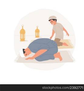 Teaching kids to pray isolated cartoon vector illustration Teacher learning son to pray, everyday Muslim religious rituals, making Sujud, body touch to ground vector cartoon.. Teaching kids to pray isolated cartoon vector illustration