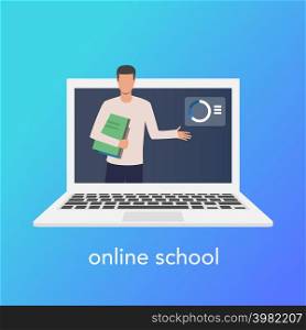 Teaching online concept for online school. Vector laptop on blue background. Vector illustration. Teaching online concept for online school. Vector laptop on blue background