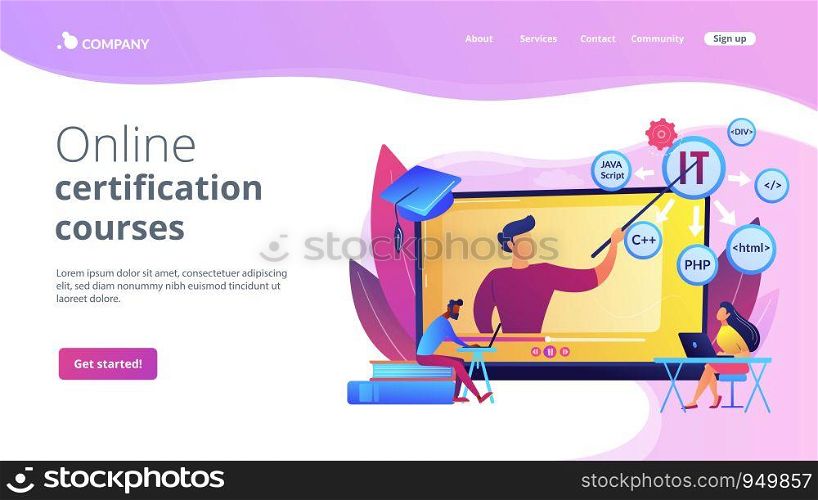 Teaching students online. Internet learning. Computer programming. Online IT courses, best online IT training, online certification courses concept. Website homepage landing web page template.. Online IT courses concept landing page