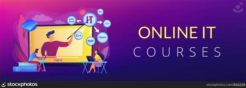 Teaching students online. Internet learning. Computer programming. Online IT courses, best online IT training, online certification courses concept. Header or footer banner template with copy space... Online IT courses concept banner header