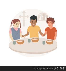 Teaching to pray isolated cartoon vector illustration. Child thanking god before meal, teach how to hold hands when praying, religious education program, private Sunday school vector cartoon.. Teaching to pray isolated cartoon vector illustration.