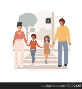 Teaching traffic rules isolated cartoon vector illustration Parents hold children hand, crossing street at zebra cross, watch road together, teach traffic rules, primary school vector cartoon.. Teaching traffic rules isolated cartoon vector illustration
