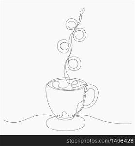 Teacup or coffee cup continuous one line. Hot drink coffee or tea with beautiful cup and stream smoke drawing one line concept vector illustration. food and drink breakfast. No convert outline stroke.