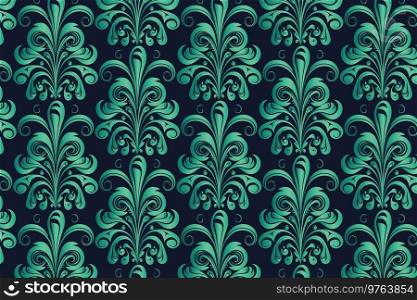 Teal and Black Damask Wallpaper with Intricate Swirls