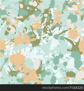 Teal, beige, green, white artistic ink paint splashes camouflage seamless vector pattern