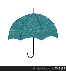 Teal open umbrella retro design isolated on white background. Vintage style patchwork colorful umbrella. Vector Illustration.. Teal open umbrella retro design