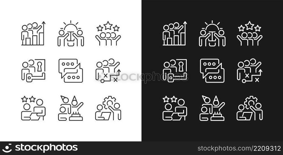 Team activity pixel perfect linear icons set for dark, light mode. Cooperation and teamwork to work on project. Thin line symbols for night, day theme. Isolated illustrations. Editable stroke. Team activity pixel perfect linear icons set for dark, light mode