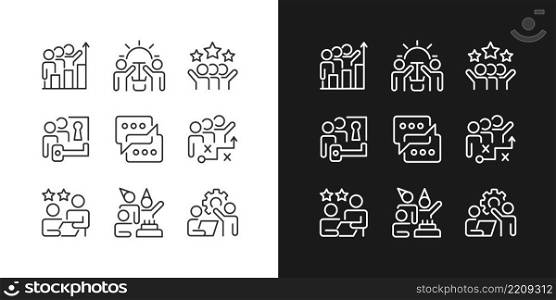 Team activity pixel perfect linear icons set for dark, light mode. Cooperation and teamwork to work on project. Thin line symbols for night, day theme. Isolated illustrations. Editable stroke. Team activity pixel perfect linear icons set for dark, light mode