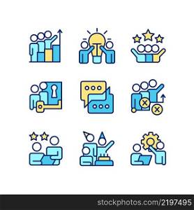 Team activity pixel perfect RGB color icons set. Cooperation and teamwork to work on project. Isolated vector illustrations. Simple filled line drawings collection. Editable stroke. Team activity pixel perfect RGB color icons set