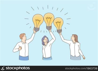 Team and great business idea concept. Group of Young smiling businessmen partners coworkers cartoon characters standing holding light bulbs above vector illustration . Team and great business idea concept.