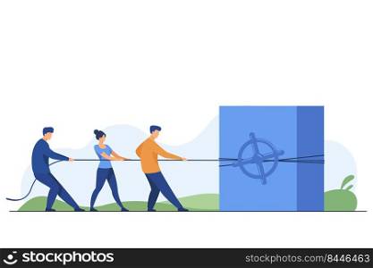 Team attracting investment and capital. People pulling rope, steel safe, money flat vector illustration. Finance, saving, profit concept for banner, website design or landing web page
