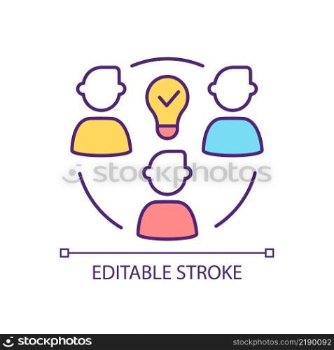 Team brainstorming RGB color icon. Creating innovative idea together. Boosting productivity. Group activity. Isolated vector illustration. Simple filled line drawing. Editable stroke. Arial font used. Team brainstorming RGB color icon