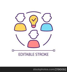 Team brainstorming RGB color icon. Creating innovative idea together. Boosting productivity. Group activity. Isolated vector illustration. Simple filled line drawing. Editable stroke. Arial font used. Team brainstorming RGB color icon