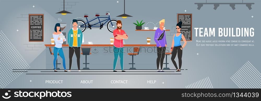 Team Building and Effective Human Management Landing Page. Diverse Office People Community Rest in Cafe at Work Week End. Partners, Workers Enjoying Break and Making Contact. Vector Flat Illustration. Team Building and Human Management Landing Page