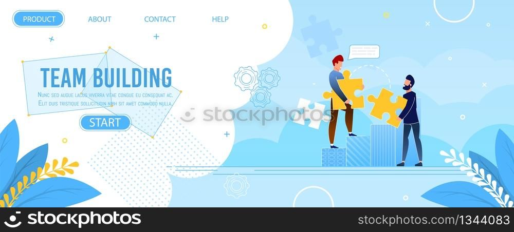 Team Building and Working Landing Page Jigsaw Puzzle Design. People Office Company Presentation. Cartoon Happy Male Coworkers Have Solution, Goal Thinking. Vector Flat Cooperation Illustration. Team Building Landing Page Jigsaw Puzzle Design