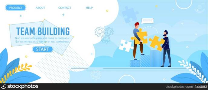 Team Building and Working Landing Page Jigsaw Puzzle Design. People Office Company Presentation. Cartoon Happy Male Coworkers Have Solution, Goal Thinking. Vector Flat Cooperation Illustration. Team Building Landing Page Jigsaw Puzzle Design