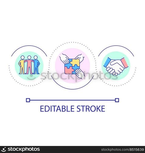 Team building at workplace loop concept icon. Teamwork activities abstract idea thin line illustration. Collaboration. Team bonding. Isolated outline drawing. Editable stroke. Arial font used. Team building at workplace loop concept icon