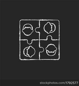 Team building chalk white icon on dark background. Team motivation. Working together to achieve goal. Collective activities. Social relations. Isolated vector chalkboard illustration on black. Team building chalk white icon on dark background