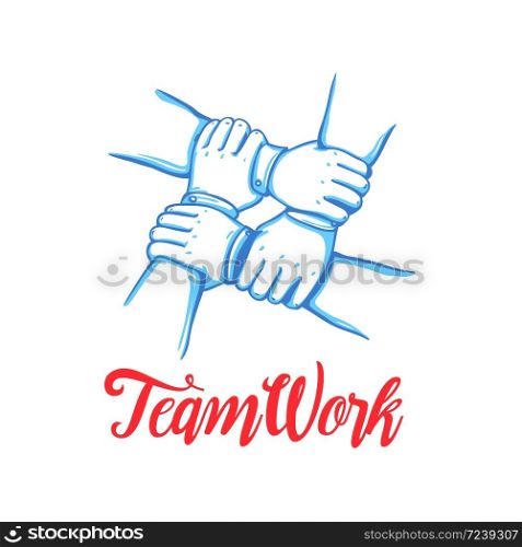 Team building concept. Stack of business hands. Cooperation Teamwork, Group, Partnership,Team buidding. Hand drawn line art cartoon vector illustration.. Teamwork concept. Stack of business hands. Cooperation Teamwork, Group, Partnership,Team buidding.