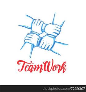 Team building concept. Stack of business hands. Cooperation Teamwork, Group, Partnership,Team buidding. Hand drawn line art cartoon vector illustration.. Teamwork concept. Stack of business hands. Cooperation Teamwork, Group, Partnership,Team buidding.