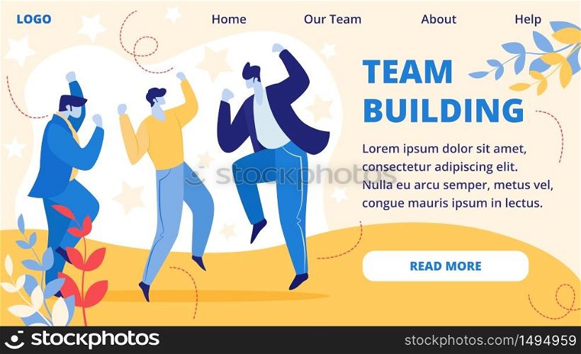 Team Building Horizontal Banner. Cheerful Businesspeople Laughing and Jumping with Hands Up at Office during Office Event. Colleagues Employees Rejoice for New Project Cartoon Flat Vector Illustration. Team Building Horizontal Banner. Office Event.