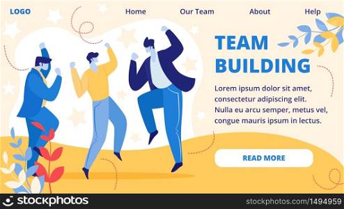 Team Building Horizontal Banner. Cheerful Businesspeople Laughing and Jumping with Hands Up at Office during Office Event. Colleagues Employees Rejoice for New Project Cartoon Flat Vector Illustration. Team Building Horizontal Banner. Office Event.