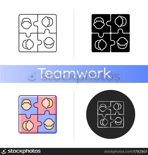 Team building icon. Team motivation and spirit. Working together to achieve goal. Collective activities. Social relations. Linear black and RGB color styles. Isolated vector illustrations. Team building icon