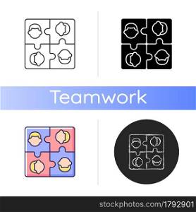 Team building icon. Team motivation and spirit. Working together to achieve goal. Collective activities. Social relations. Linear black and RGB color styles. Isolated vector illustrations. Team building icon