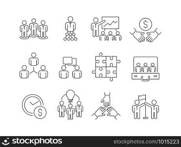 Team building icons. Work group of business people help together coworking participation vector thin line symbols isolated. Vector business team, cooperation and collaborate illustration. Team building icons. Work group of business people help together coworking participation vector thin line symbols isolated