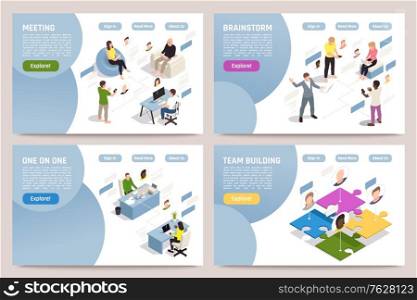 Team building isometric banners set with people communicating working brainstorming online 3d isolated vector illustration