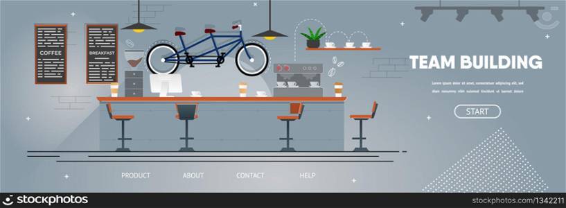 Team Building Metaphor Flat Cartoon Design Banner. Coffee Shop Backdrop with Bar Counter, Cups with Hot Drink, Coffee-Machine and Tandem Bike. Comfortable Cozy Cafe for Coworkers. Vector Illustration. Team Building Metaphor Flat Cartoon Design Banner