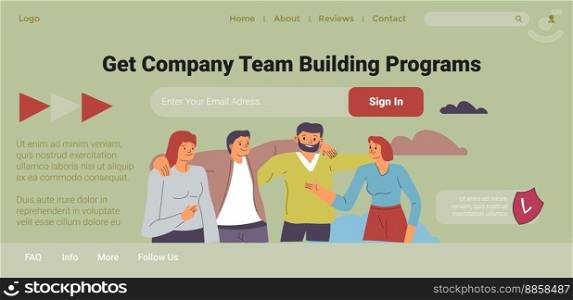 Team building programs, weekend fun for employees. Spending time with colleagues making relationships. Company care for workers. Website landing page template, internet site. Vector in flat style. Get company team building programs, website page
