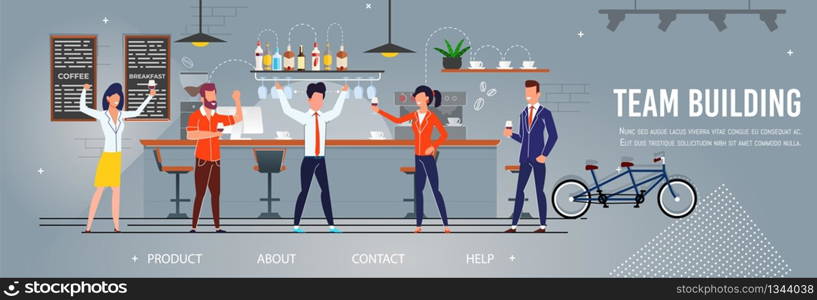 Team Building Promotional Landing Page Template. Teamwork and partnership. Employees Activities Outdoors. Group Colleagues Characters Rest Together at Cafe. Vector Flat Motivational Illustration. Team Building Promotional Landing Page Template