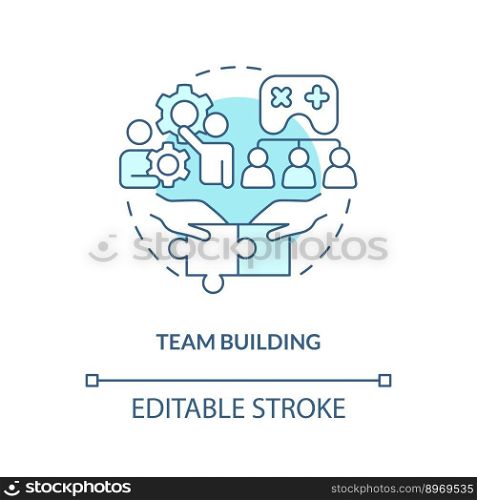 Team building turquoise concept icon. Collaboration. Gamification in workplace abstract idea thin line illustration. Isolated outline drawing. Editable stroke. Arial, Myriad Pro-Bold fonts used. Team building turquoise concept icon