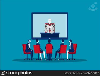 team business having teleconference meeting with robot