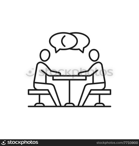 Team business meeting, people sitting at table and communicate isolated thin line icon. Vector busy people talking, time management and collaboration, two person at desk leading dialogue together. People sitting at desk and talking, communication