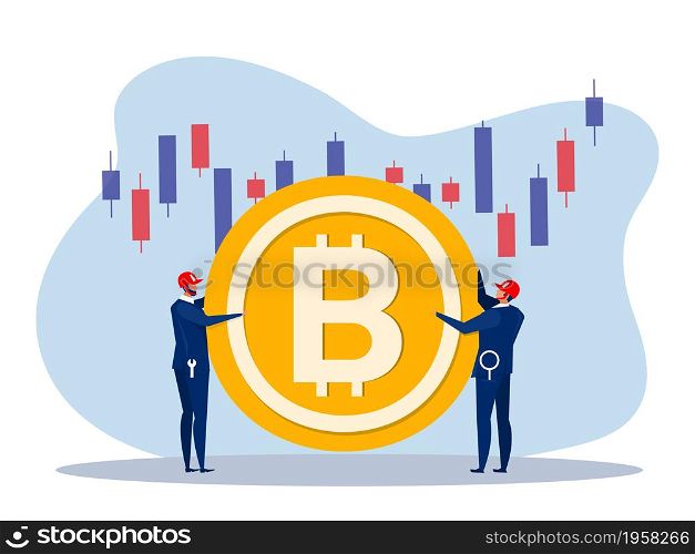Team businessman holding bitcoin on stock market currency exchange. flat vector illustration.