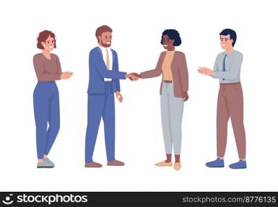 Team celebrating effective collaboration semi flat color vector characters. Editable figures. Full body people on white. Simple cartoon style illustration for web graphic design and animation. Team celebrating effective collaboration semi flat color vector characters
