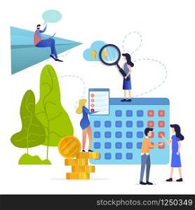 Team Check Event on Calendar Manage, Control Business. Woman with Magnifier on Calendar watch Data Exchange Method. Man Manager send Online Task to Team. Flat Cartoon Vector Illustration. Time Management Calendar Flat Vector Ilustration
