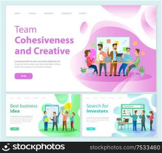 Team cohesiveness and creativity of workers vector. Teamwork successful decisions and solution, search for investors, business ideas of businessmen. Team Cohesiveness and Creativity of Workers Staff